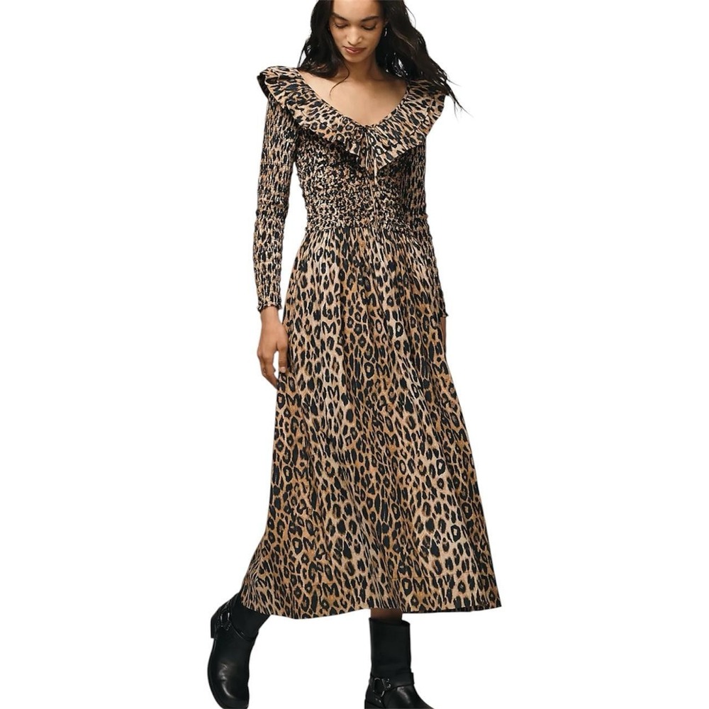 Damson Madder Leopard Print Dress Women's Size US 6/UK 10 NWT Brown Cat Ruffle